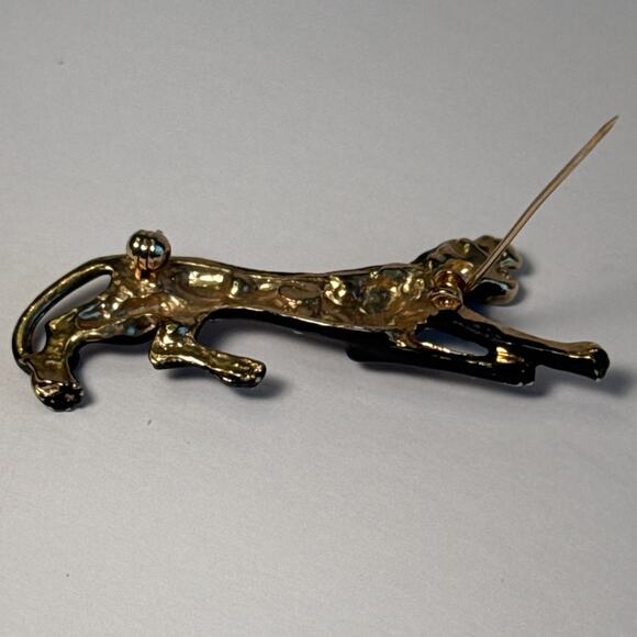 Vintage Black Panther Brooch Pin Gold Tone Black Enamel Rhinestone - Picture 6 of 14